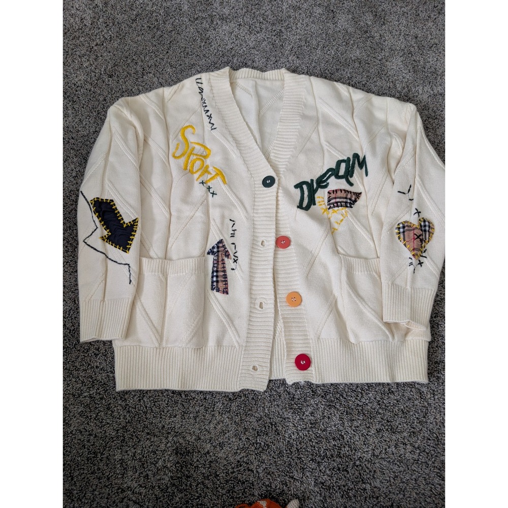 Cream Embroidered Patchwork Button-Front Cardigan Sweater